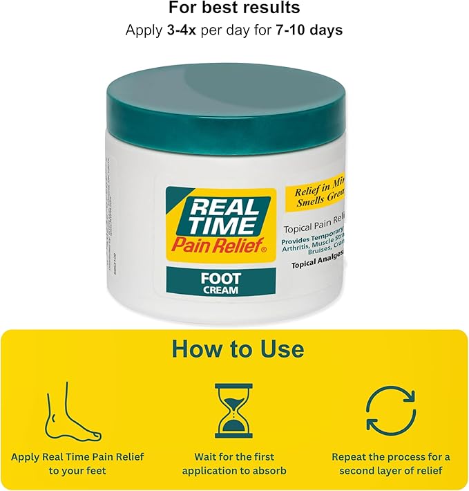 Real Time Pain Relief Foot Cream - 6oz Jar | Advanced Relief for Foot Pain, Muscle Strains, and Arthritis |15 Natural Ingredients Including Eucalyptus, Tea Tree Oil, Menthol, Vitamin E, and Emu Oil