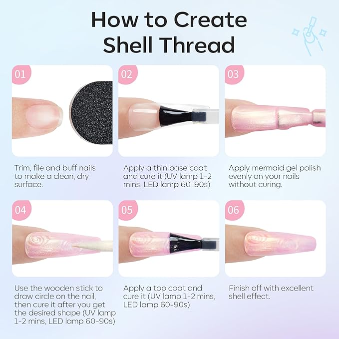 Modelones Pearl Gel Nail Polish, 6 Colors Shimmer Cat Eye Magnetic Nail Drawing Set with Magnet, Iridescent Mermaid Swirl Shell Thread Purple Pink Blue Glitter, Summer DIY Manicure Gift for Women Girl