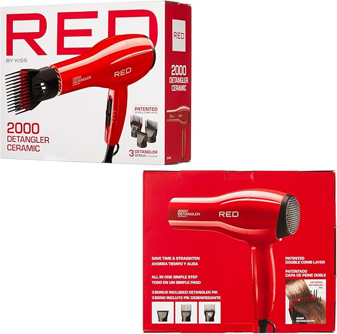 RED by KISS 2000 Ceramic Hair Dryer, Professional Salon Blow Dryer 3 Attachments Included, 2 Detangler Piks, 1 Air Concentrator (Red)