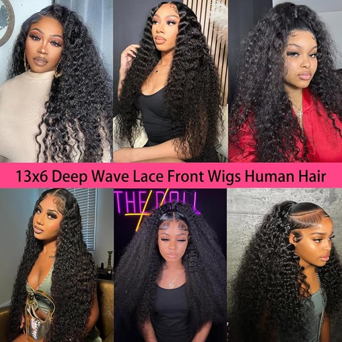 13x6 Deep Wave Lace Front Wigs Human Hair 200% Density 13x6 Lace Frontal Wigs Human Hair Natural Black Deep Curly Glueless Wig Human Hair Pre Plucked with Baby Hair(34 Inch)