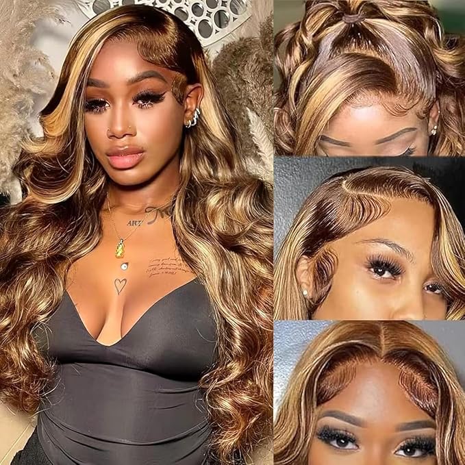 4/27 Highlight Lace Front Wigs Human Hair Body Wave Ombre Wigs for Women 13x4 HD Lace Front Wigs Human Hair 180 Density Honey Blonde Wig Human Hair Pre Plucked With Baby Hair 26 Inch