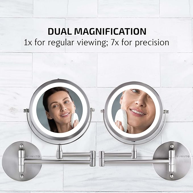 OVENTE 7" Lighted Wall Mount Makeup Mirror with 1X/7X Magnification, Cordless Double Sided Magnifying Round Vanity Mirror, 360° Swivel Design, Extendable and Folding Arm, Polished Chrome MFW70CH1X7X