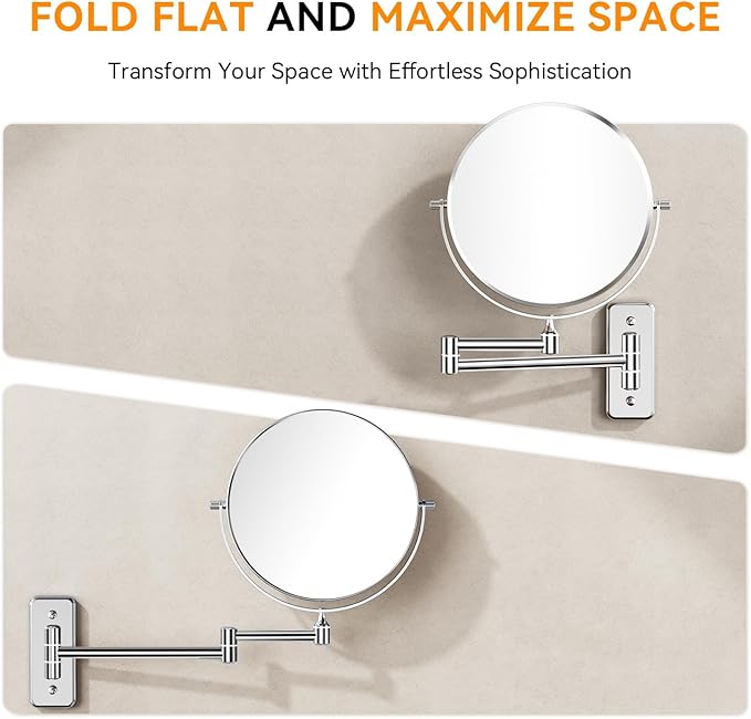 1X/20X Wall Mounted Makeup Mirror, 8'' 20X Magnifying Double-Sided Mirror with Tweezers, Bathroom Vanity Makeup Mirror, Cosmetic Mirror with 360 Rotation Extendable Swivel Arm, Chrome