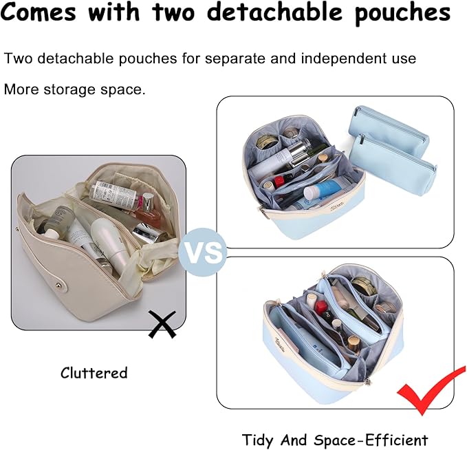 BOYATU Travel Makeup Bag Set: Portable Make up Bag for Traveling - Leather Cosmetic Bags for Women - Waterproof Toiletry Organizer Bags with Handle (D-05-Blue)