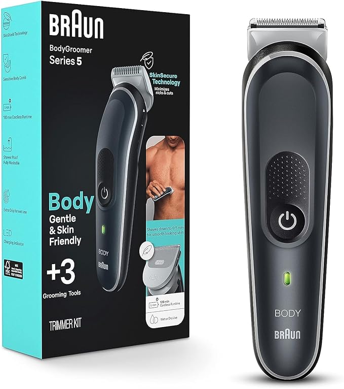 Braun Body Groomer 5 for Men, BG5340, Manscaping Tool, SkinShield Technology, Sensitive Comb, Lifetime Sharp Metal Blade, Body Groomer for Men, Gray/White