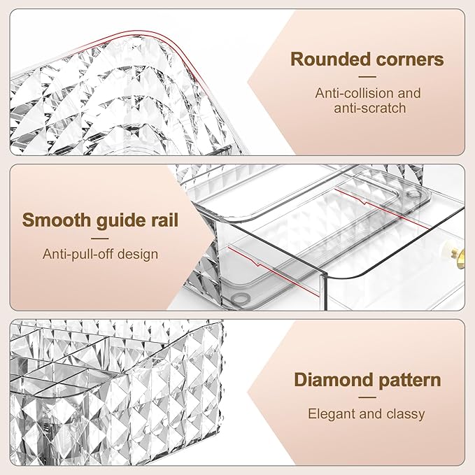Makeup Organizer for Vanity, Stackable Cosmetics Organizer and Storage, Cosmetic Display Cases with 1 Drawers and 1 Tray for Makeup Brush, Hair Accessories, Lipstick and Jewelry, Clear