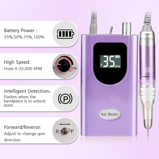 35000RPM Portable Nail Drill Machine, HoMove Professional Nail Drill Machine, Rechargeable Electric Efile Nail Drills for Acrylic Gel Nails, Cordless Portable Nails Drill【Purple】