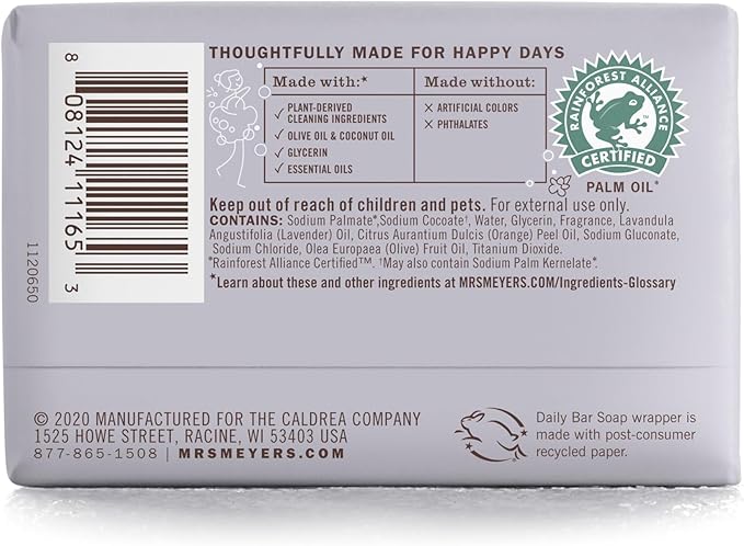 MRS. MEYER'S CLEAN DAY Bar Soap, Use as Body Wash or Hand Soap, Made with Essential Oils, Lavender, 5.3 oz, 1 Bar