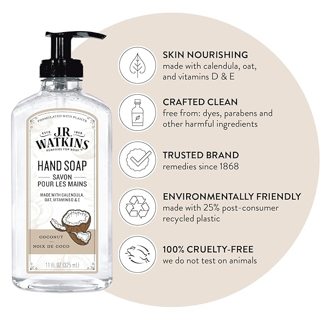 J.R. Watkins Gel Hand Soap, Scented Liquid Hand Wash for Bathroom or Kitchen, USA Made and Cruelty Free, 11 fl oz, Coconut, 6 Pack