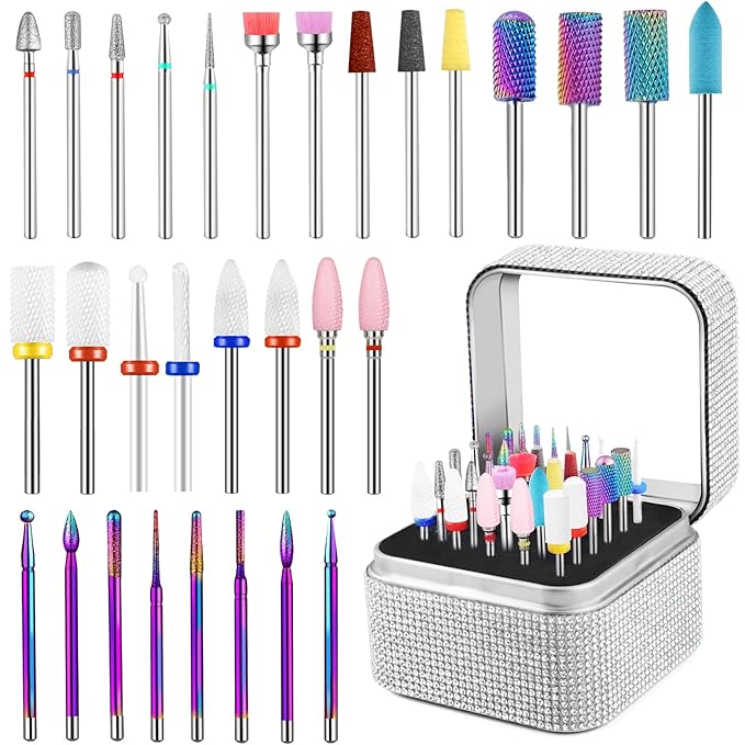 30Pcs Nail Drill Bits Set with Rhinestone Storage Box, 3/32 Inch Ceramic Diamond Carbide Nail Drill Bits for Acrylic Gel Polish, Cuticle Efile Remover for Manicure (Silver)
