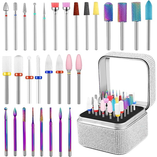 30Pcs Nail Drill Bits Set with Rhinestone Storage Box, 3/32 Inch Ceramic Diamond Carbide Nail Drill Bits for Acrylic Gel Polish, Cuticle Efile Remover for Manicure (Silver)