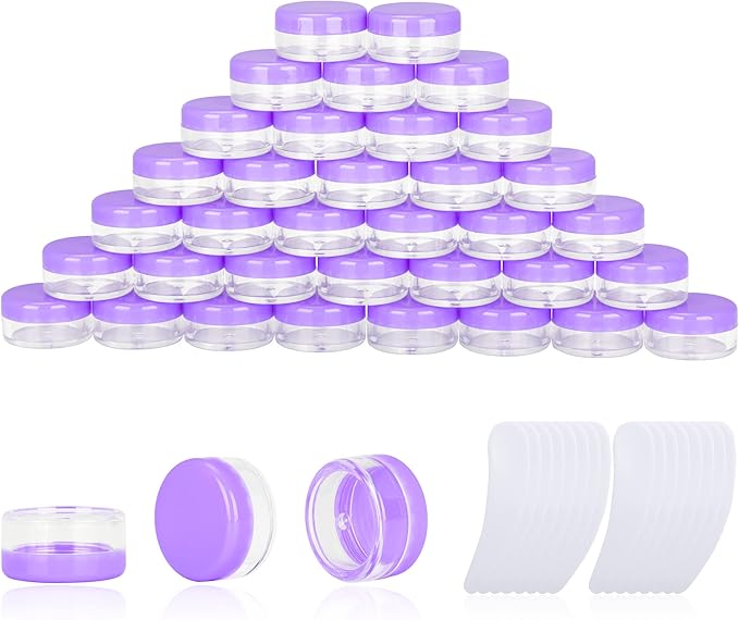 200PCS 3 Gram Sample Containers, 3ml Empty Jars with Lids, Small Cosmetic Containers, Mini Sample Jars with 16PCS Mini Spatulas for Make Up, Oils, Lotion, Powder, Paint, Jewelry, Lip Balms(Purple Lid)