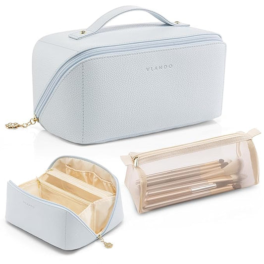 Vlando Makeup Bag,Travel Makeup Bag Waterproof Portable Cosmetic Bag PU Leather Open Flat Make up Organizer for Toiletries,Gifts for Teen Girls Women(Baby Blue)