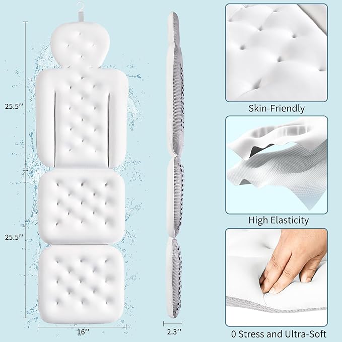Full Body Bath Pillow for Bathtub, Thick Bathtub Cushion with Laundry Bag, Luxury Tub Pillow for Bath for Headrest Neck and Back Support White 51" x 16"