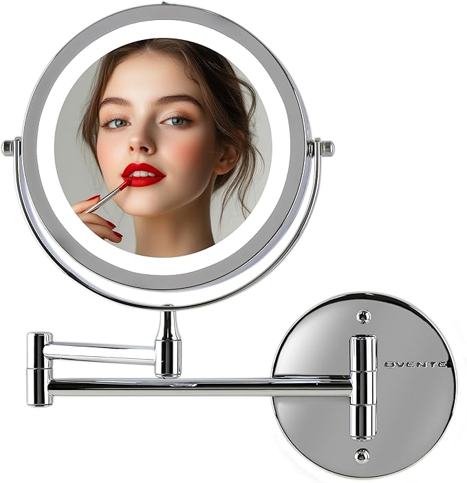 OVENTE 7" Lighted Wall Mount Makeup Mirror with 1X/10X Magnification, Cordless Double Sided Magnifying Round Vanity Mirror, 360° Swivel Design, Extendable and Folding Arm, Polished Chrome MFW70CH1X10X