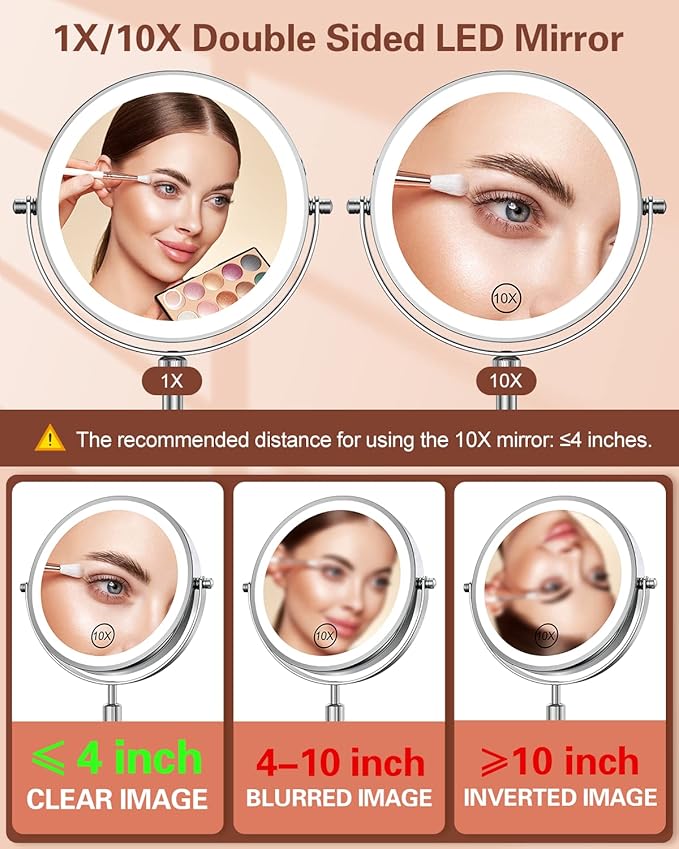 Benbilry Lighted Makeup Mirror with 10X Magnification & 3 Color Lights, Adjustable Brightness & Height, 7 Inch 360° Swivel Rechargeable LED Magnifying Make Up Mirror with Lighting (Silver)