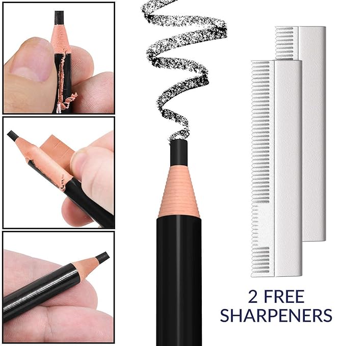 Microblading Supplies 12-PC Black Waterproof Eyebrow Pencil and 4-in-1 Duckbill-Shape Eyebrow Pencil Sharpener Bundle with Blade For Marking, Filling And Outlining, And Permanent Makeup