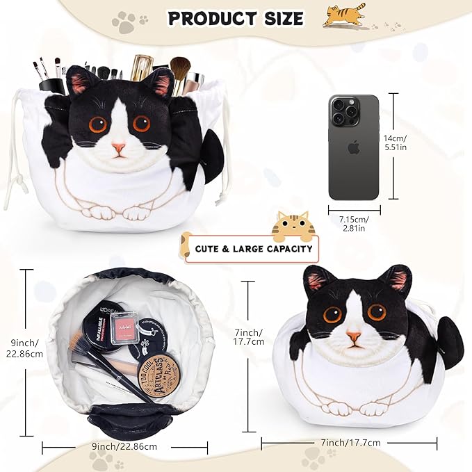 Drawstring Makeup Bag, Cat Makeup Bag, Travel Makeup Organizer, Cosmetic Pouch Bag, Cat Gift for Women, Lay Flat Makeup Bag Gifts for Cat Lovers