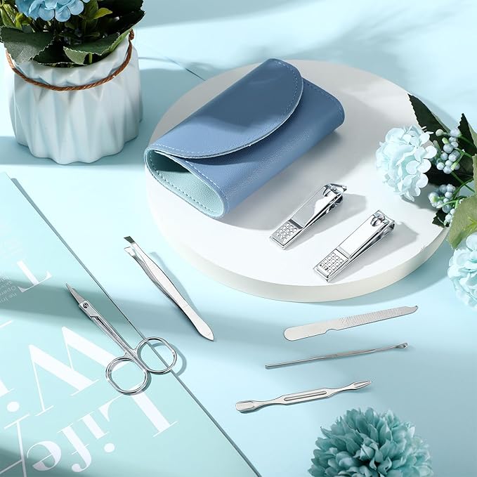 12 Set Manicure Set Bulk Mini Manicure Nail Clipper Kit 7 in 1 Stainless Steel Professional Nail Care Pedicure with Travel Portable Bag Grooming Kits for Women Men Home(Dark Blue)
