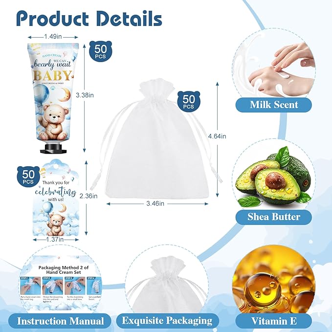 50 Pack Baby Shower Bulk Hand Cream Gifts Sets, Bridal Shower Favors and Baby Shower Favors for Guests with Thank You Card and Organza Gift Bags, Appreciation Gifts and Wedding Shower Favors (Bear)
