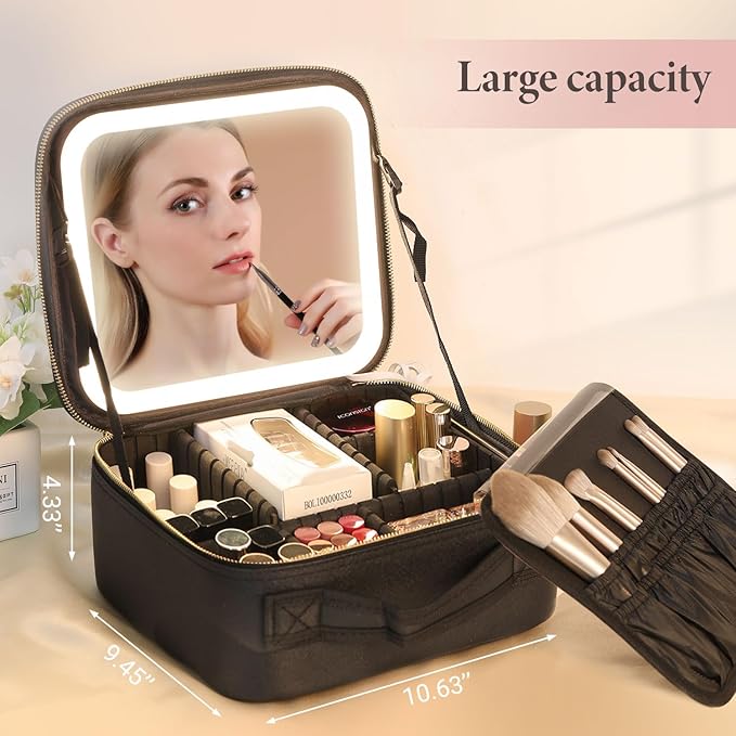 Travel Makeup Bag with LED Lighted Mirror, Cosmetic Makeup Organizer Bag with 3 Color Setting, Makeup Train Case with Adjustable Dividers for Women Makeup Brushes Jewelry Accessories (Black)