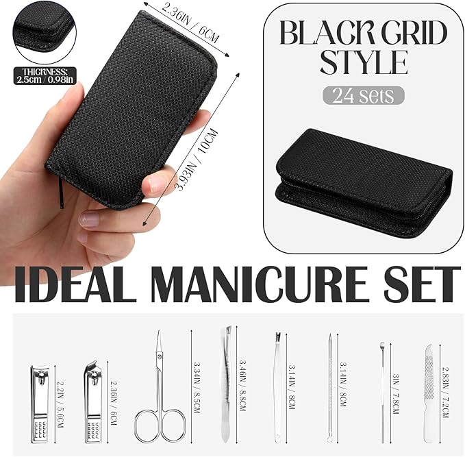 Coume 24 Sets Nail Kit Manicure Set Bulk with Zipper Professional Nail Clippers 8 in 1 Stainless Steel Nail Care Tools with Luxurious Travel Case Gifts for Men Women Friends Colleagues (Black)