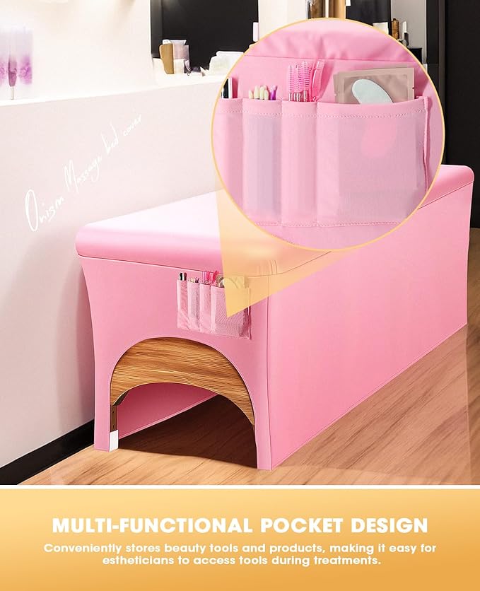 Onism Lash Bed Cover-Wipeable PU Leather Massage Bed Cover, Waterproof, Soft and Comfortable Spa Bed Cover with Storage Pocket for Eyelash Extension Bed Massage Bed Perfect for Salon Spa Home Use Pink