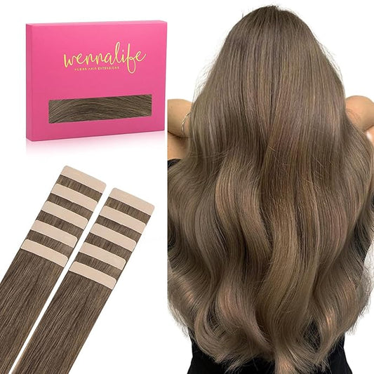 WENNALIFE Tape in Hair Extensions Human Hair Light Ash Brown Tape in Extensions, 10pcs 25g 14 inch Remy Invisible Tape Ins Straight Colored Soft Real Human Hair Tape in Extensions Refill Set