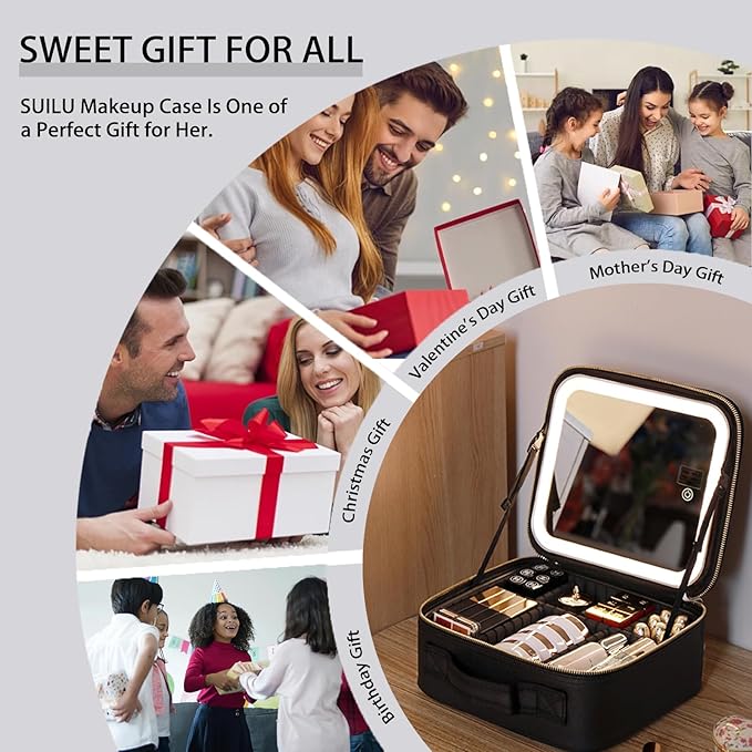 Travel Makeup Bag with LED Lighted Mirror,Cosmetics Organizer, with 3 Color Lighted Setting, Portable Storage and Adjustable Dividers Travel Makeup Bag(Black)