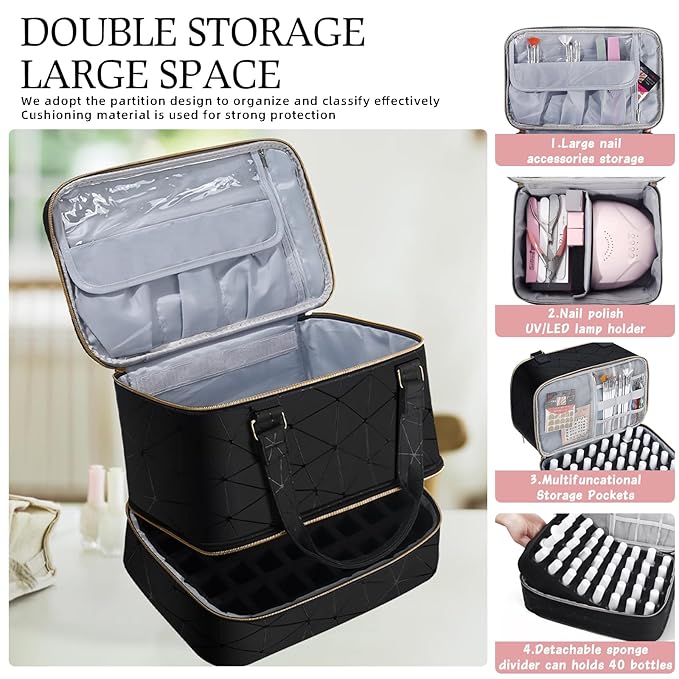 Nail Polish Organizer Case Hold 40+ Bottles (15ml/0.5 fl.oz) and Led Nail Lamp, Nail Supply Organizers and Storage for Nail Tech, Nail Dryer Case Nail Polish Bag Nail Kit Organizer (BLACK)
