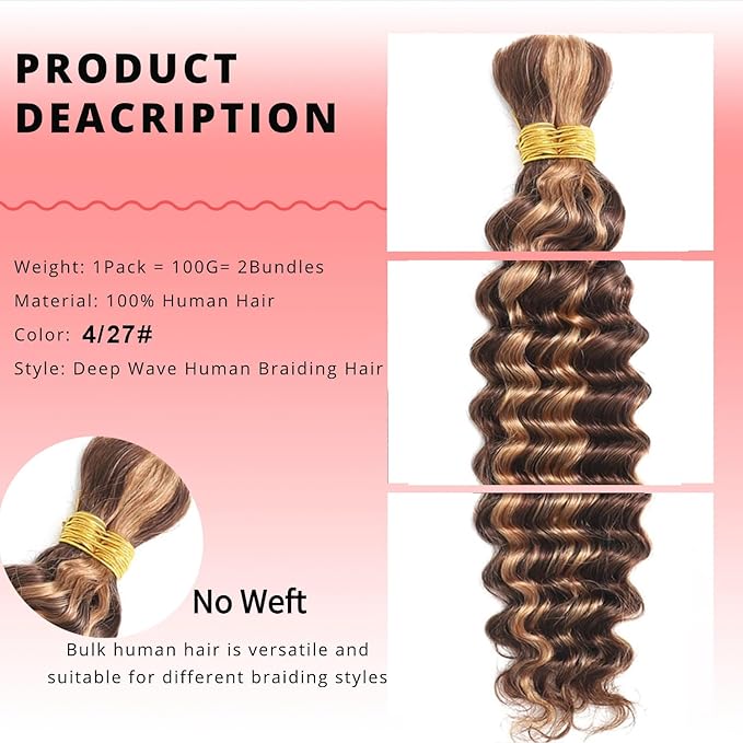 ONICE Ombre Braiding Hair 2 Bundle 100g 4/27 Human Braiding Hair Deep Wave Honey Blonde, Brown Brazilian Curly Human Hair Extensions (16 Inch)