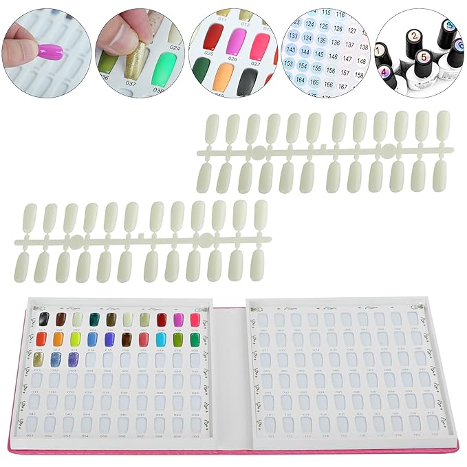 120 Colors Nail Swatches Book with 240 Nail Tips and Number Labels Leather Nail Gel Polish Display Book Nail Painting Practice Design Board No Need Pasting, No Need Glue