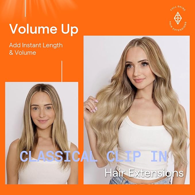 Full Shine Clip in Hair Extensions Human Hair Clip in Extensions Balayage Color 10 Golden Brown Fading to 16 Golden Blonde Highlight 16 Blonde Double Weft Invisible Hair Extensions 12 Inch 7 Pcs 95 G