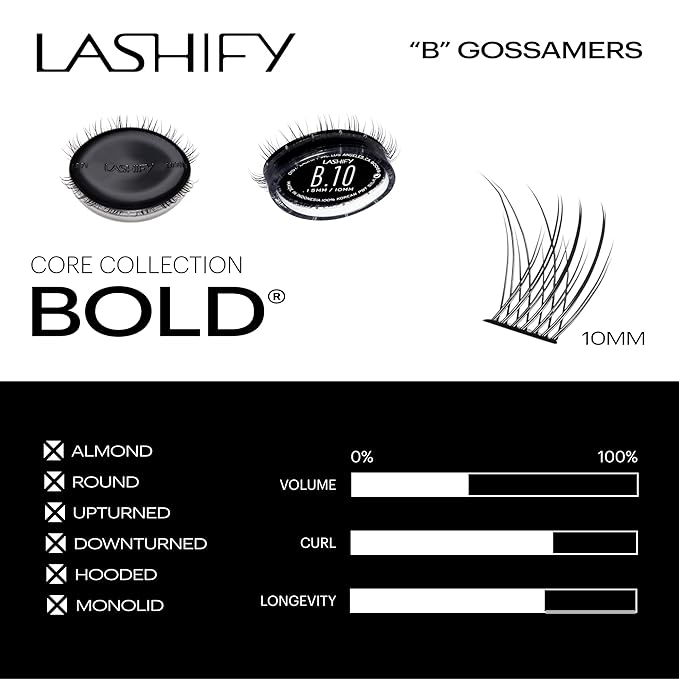 Lashify Bold 10mm Gossamer DIY Eyelash Extensions Refill, Black, Easy False Eyelashes for a Natural Look
