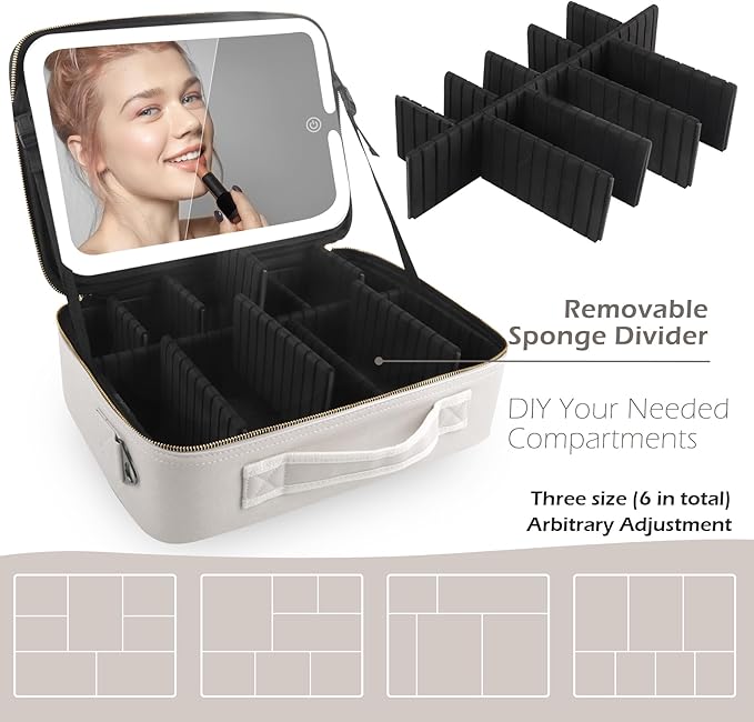 MOMIRA Travel Makeup Bag Cosmetic Bag Makeup Organizer Bag with Lighted Mirror, Adjustable Brightness in 3 Color Scenarios, Waterproof Makeup Train Case, Gift for Women - Khaki (Large)