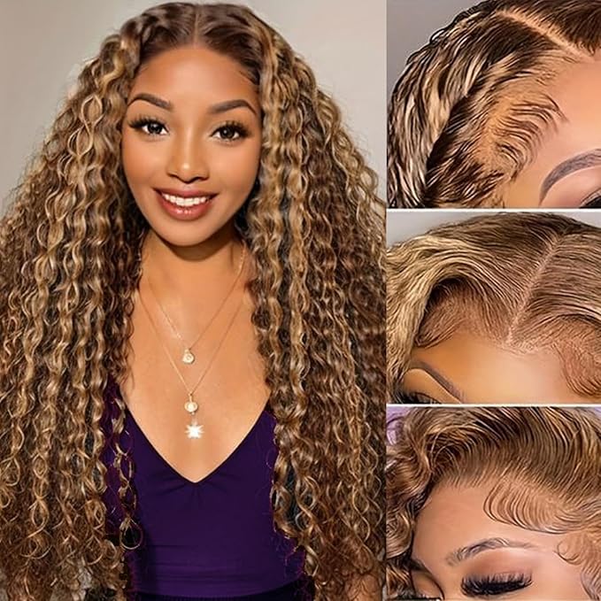 32inch Highlight Ombre 13x6 Lace Front Wig Human Hair Pre Plucked P4/27 Deep Wave Lace Front Wigs Human Hair Honey Blonde HD Lace Frontal Wigs 180% Density Colored curly Wig