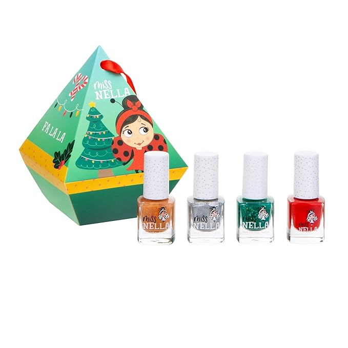 MISS NELLA Festive Dimond- Christmas Bauble Gift Set for Children, Nail Polish and Lip Gloss (4 polish, 4)