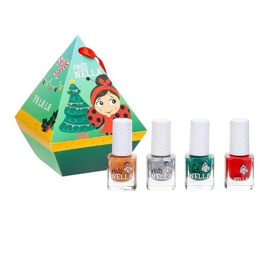 MISS NELLA Festive Dimond- Christmas Bauble Gift Set for Children, Nail Polish and Lip Gloss (4 polish, 4)