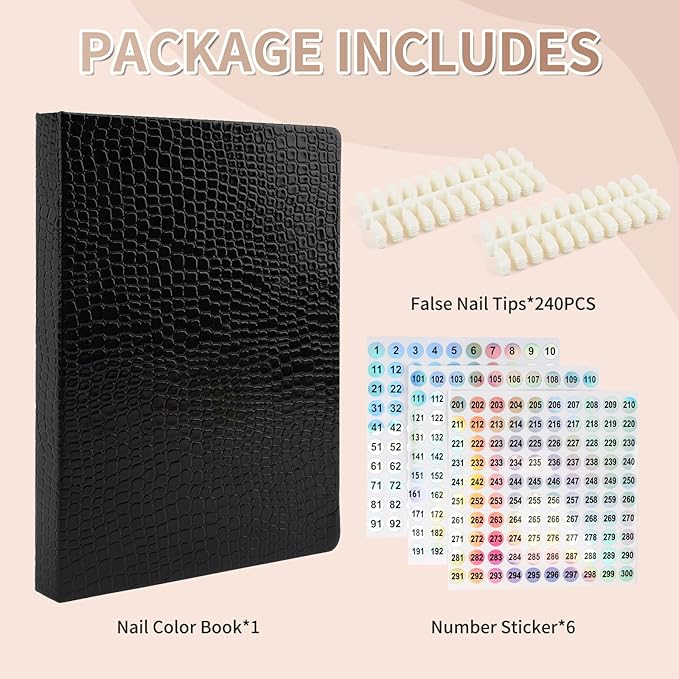 216 Colors Nail Display Chart, Nail Colors Book with 240 False Nail Tips, Professional Nail Gel Polish Organizer Color Card for Salon, Nail Swatches Book Sample Chart Tool Set (Black, 1 Pack)