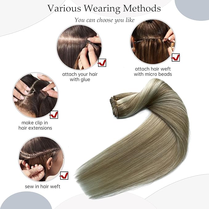 Balayage Sew in Hair Extensions Real Human Hair 22 Inch Hand Tied Weft Hair Extensions Human Hair Wefts 120G Ash Blonde Balayage Blonde Hair Extensions Real Human Hair Weave Bundles Weft Extensions