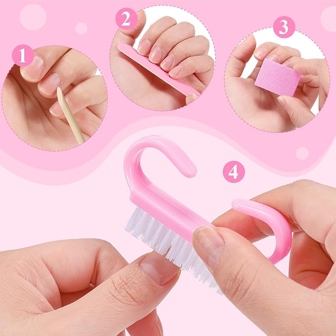 100 Sets Professional Disposable Manicure Kit Basics 4 Piece Nail Kit Wood Nail File 100/180 Grit, Mini Buffer 80/100 Grit, Wood Stick and Handle Grip Brush Gifts(Pink)