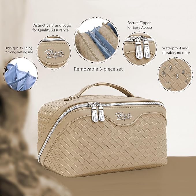 BOYATU Travel Makeup Bags for Women: Large Cosmetic Bag with Compartments - Vegan Leather Make up Bag Set of 3 - Protable Toiletry Organizer (L13 Apricot)