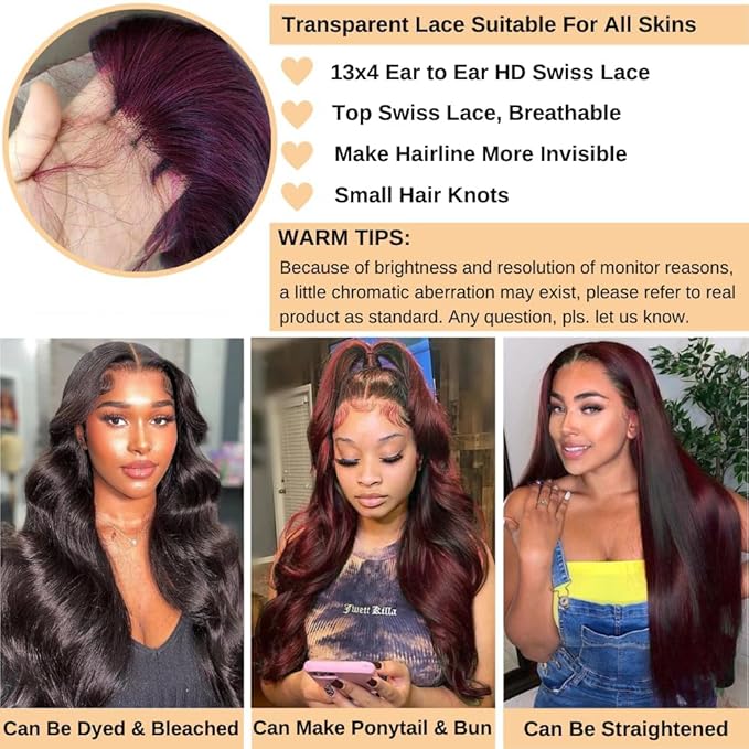 99j Burgundy Lace Front Wigs Human Hair Body Wave Lace Front Wigs Human Hair Pre Plucked 180% Density Wine Red Wig Human Hair Colored Wigs for Women 13x4 HD Lace Frontal Wigs Human Hair 24 inch