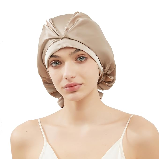 RachelSilk 100% Mulberry Silk Sleep Cap, Grade 6A 19 Momme Silk for Women Hair Care, Silk Night Bonnet with Elastic Stay On Head, Silk Cap After Shower, for Small -Medium Head Size (Taupe)