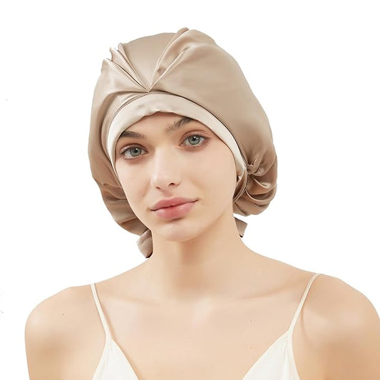 RachelSilk 100% Mulberry Silk Sleep Cap, Grade 6A 19 Momme Silk for Women Hair Care, Silk Night Bonnet with Elastic Stay On Head, Silk Cap After Shower, for Small -Medium Head Size (Taupe)