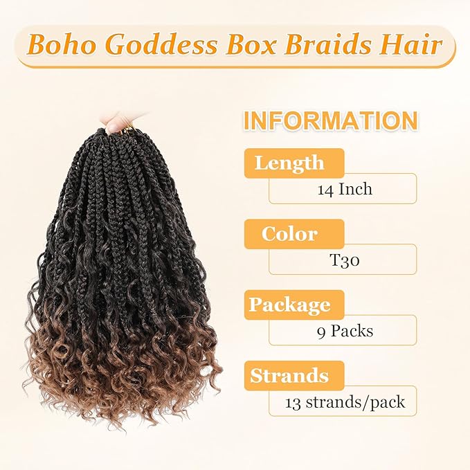 14 Inch Goddess Box Braids Crochet Hair Curly Ends 9 Packs Pre Looped Boho Crochet Box Braids Bohemian Box Braid Crochet Hair For Black Women (14Inch 9 Packs,T30)