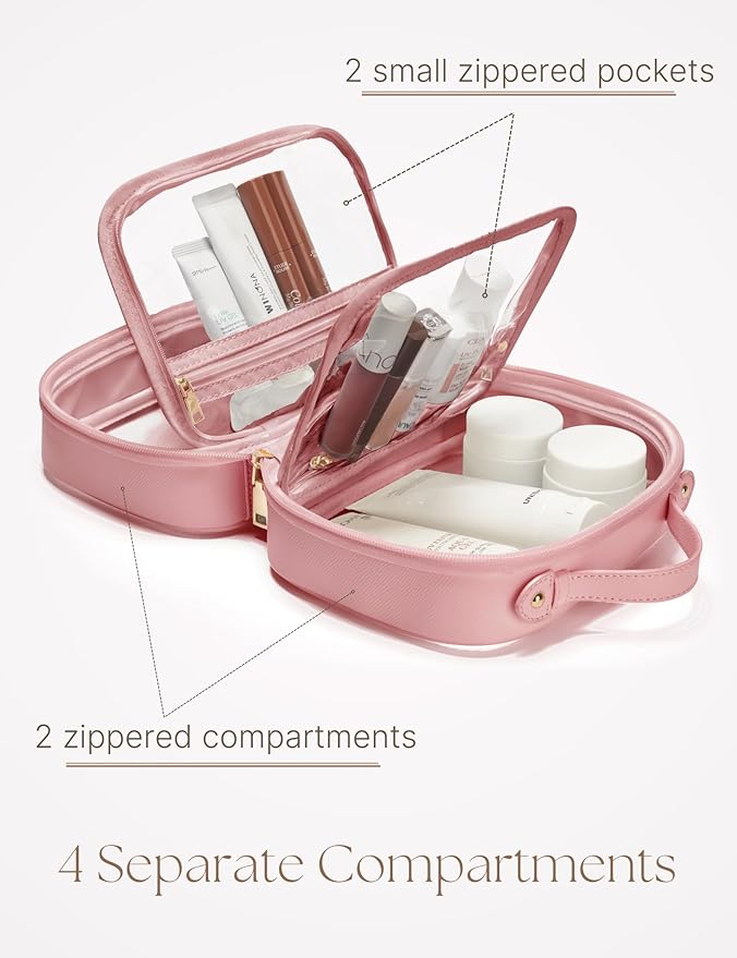 Clear Cosmetic Bag Double Layer 4 Compartments Travel Toiletry Bag Clear Makeup Case with Zipper Transparent Travel Bag for Toiletries, TSA Approved, Gift for Women Girls (Pink)