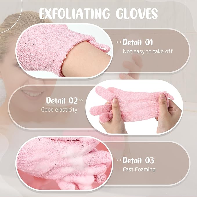 104 Pcs Exfoliating Glove Bulk Shower Gloves with Hanging Loop Exfoliating Body Scrubber Dead Skin Remover for Body Bath Beauty Spa Massage Scrubs Men Women Bathing (Pink)