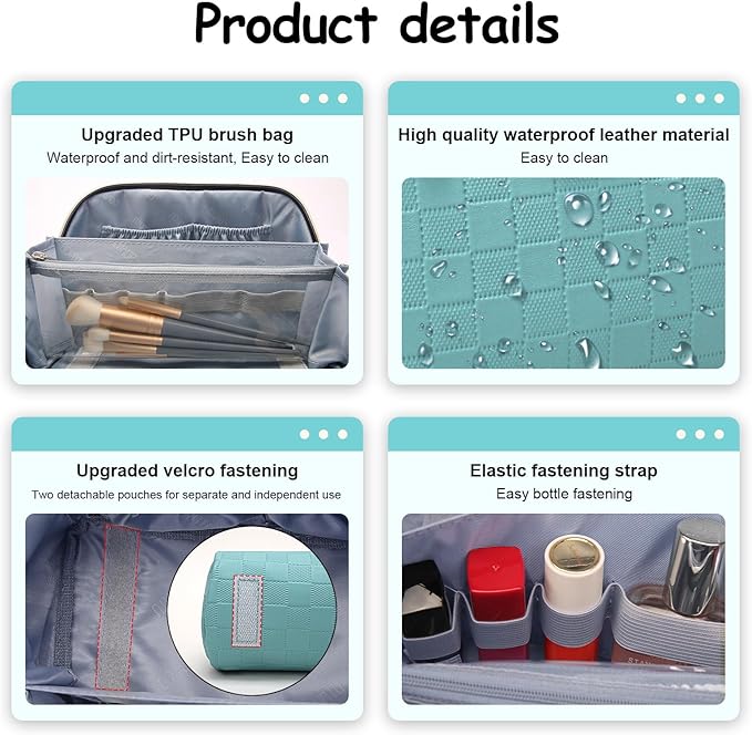 Travel Makeup Bag Organizer Cosmetic Bag: 3 Pcs Set Make up Bags for Women with Handle - Waterproof Vegan Leather Toiletry Bags with Comparments (Blue)