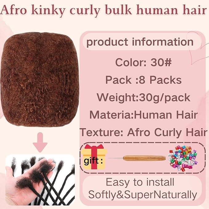 Afro Kinkys Bulk Human Hair for Dreadlock Extensions,Repair Locs, Twists and Braids, 240 Gram Each Package 100% Human Hair Afro Kinky Bulk Can be Dyed and Bleached (Auburn 30# 8inch)